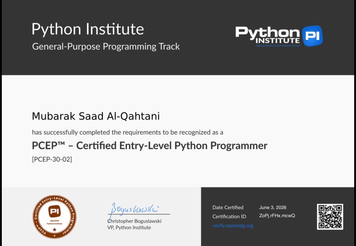 PCEP certificate issued by Python Institute to Mubarak Saad Al-Qahtani, June 3, 2026
